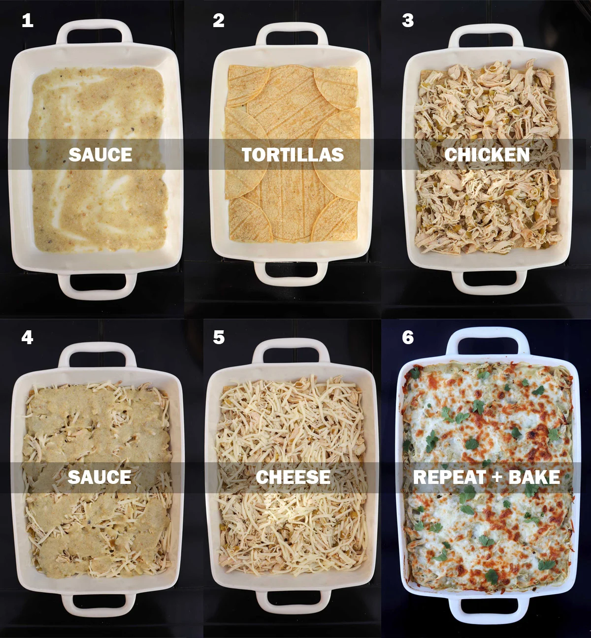 First round of layers of the Chicken Enchilada Casserole. It starts with a small amount of sauce on the bottom of the baking dish, then a layer of tortillas, then a layer of chicken filling, then sauce, and cheese. The final image shows the baked casserole.